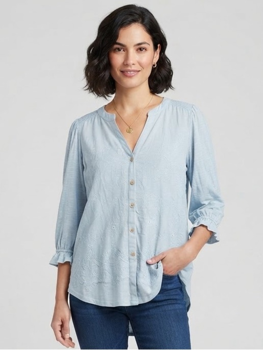 Democracy Light Blue Embroidered Button-Front Blouse